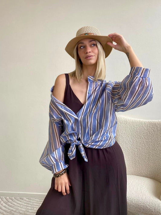 CAMICIA MUSSOLA RIGA AZZURRO ,CIOCCOLATO PANNA
