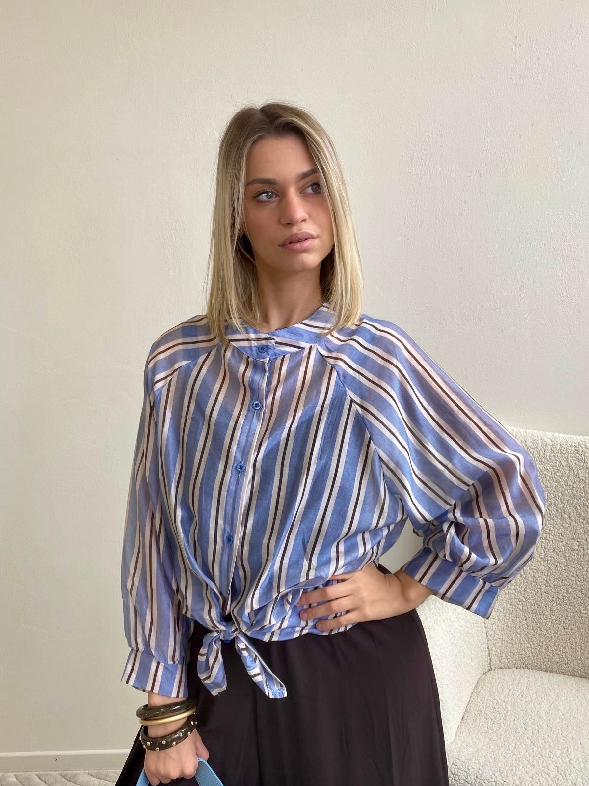 CAMICIA MUSSOLA RIGA AZZURRO ,azzurro Cioccolato ,panna