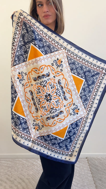 FOULARD STAMPA CACHEMIRE BLU BIANCO & ARANCIO