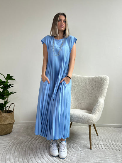 EMMA LONG DRESS PLISSÈ AZZURRO
